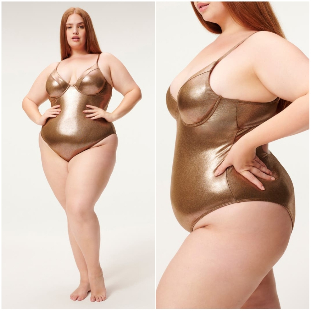 Good American Underwire One Piece Swimsuit Mocha Foil Cutout DD 4XL NWT